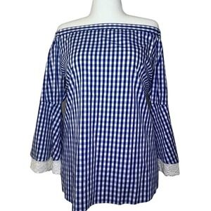 Mishca Women's Top Tunic Blouse‎ XL Blue Gingham Off Shoulder Cut Out Lace Bell